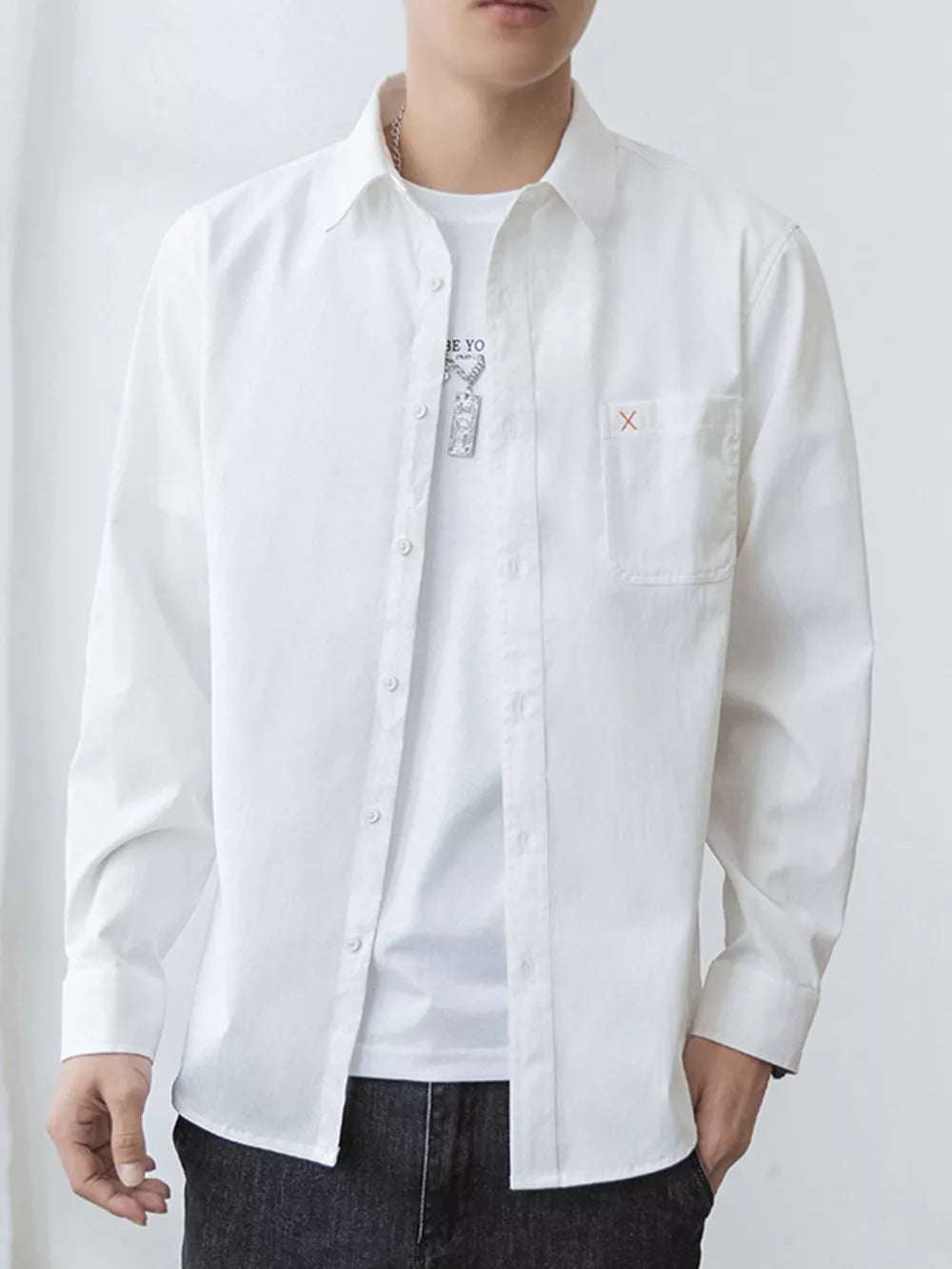 Men's Plus Size Button Up Long-sleeve Shirt in Light Green, front view