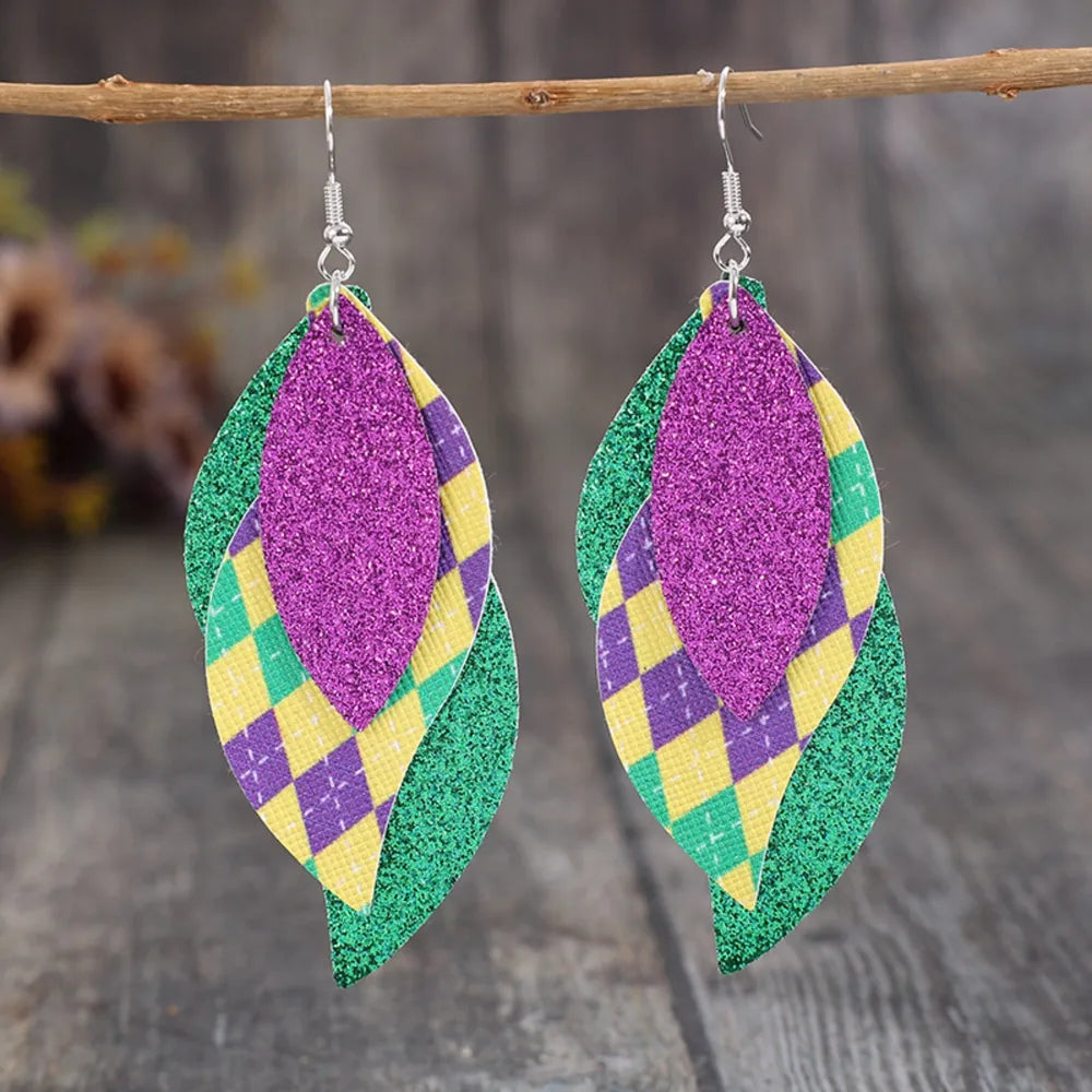 Glittering layered leaf statement earrings in purple, green, and yellow argyle pattern.