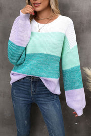Ombre ribbed knit sweater with balloon sleeves in white, mint green, turquoise, and lavender.