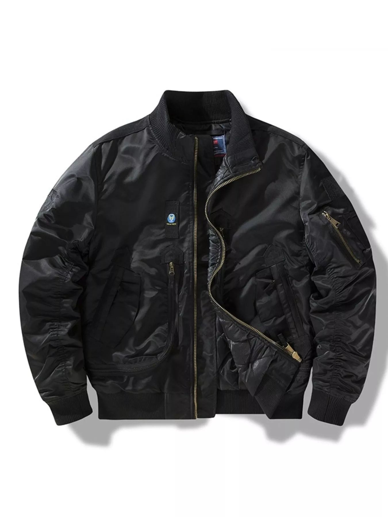Black zip-up bomber jacket with zippered pockets and ribbed cuffs.