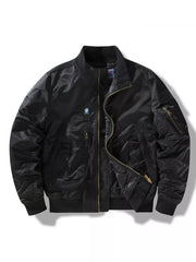 Black zip-up bomber jacket with zippered pockets and ribbed cuffs.