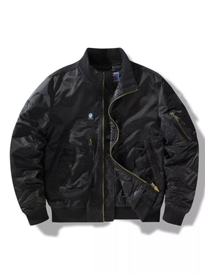 Black zip-up bomber jacket with zippered pockets and ribbed cuffs.
