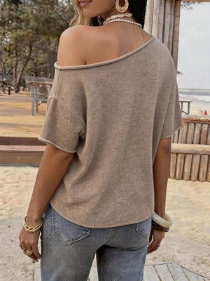 One Shoulder Short Sleeve Knit Top in Khaki, model styling view
