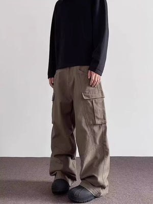 Men's brown cargo sweatpants with multiple pockets and a relaxed fit.