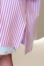 Pink and white striped 3/4 sleeve tee with side slits and a cotton blend.