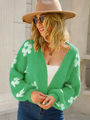Green acrylic floral puff sleeve open cardigan with white blooms
