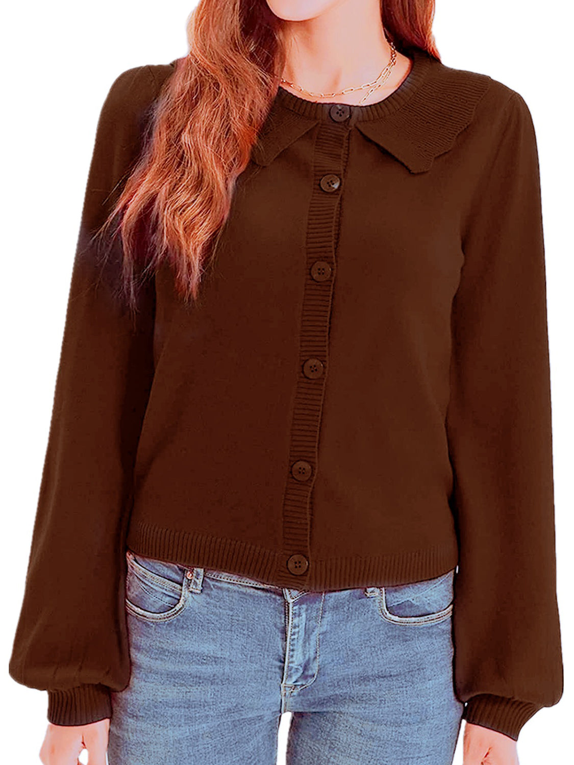 Chocolate knit cardigan with scalloped collar, button front, and balloon sleeves.