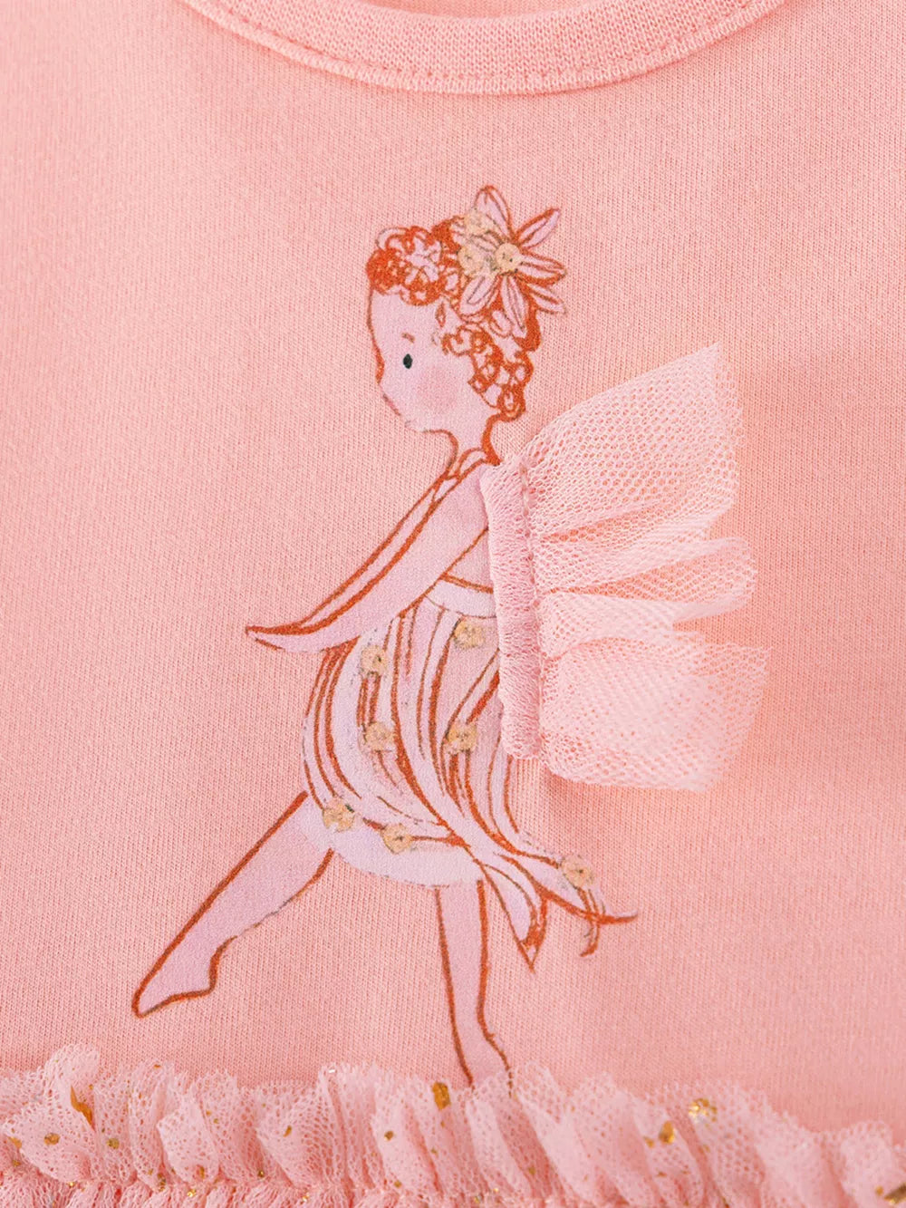 Pink cotton baby dress with fairy embroidery, tulle wings and ruffled hem.