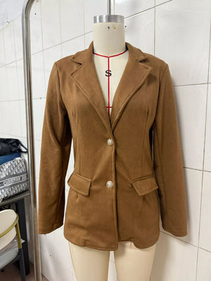 Single-breasted Lapel Collar Blazer in Brown, close-up detail