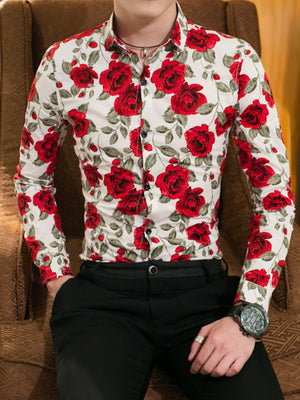 Men's white floral print slim fit long sleeve shirt with red roses