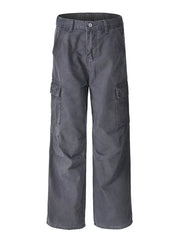 Dark Gray 100% cotton wide-leg cargo pants with belt loops and button closure.