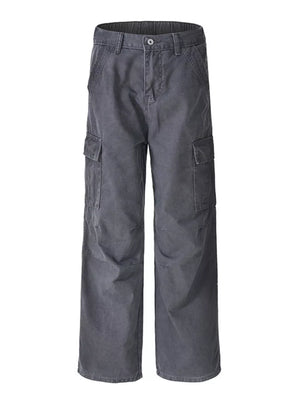 Dark Gray 100% cotton wide-leg cargo pants with belt loops and button closure.