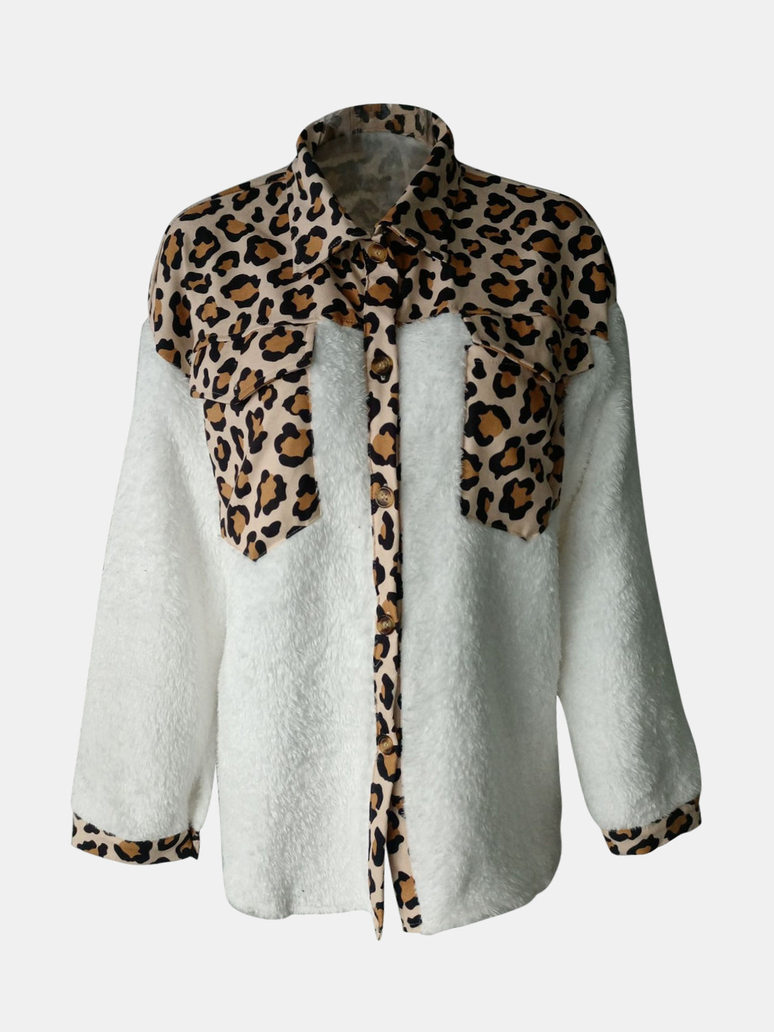 Plaid & Sherpa Hybrid Shacket in Leopard and Cream with button details and pockets.