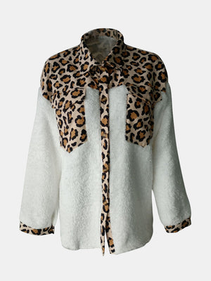 Plaid & Sherpa Hybrid Shacket in Leopard and Cream with button details and pockets.