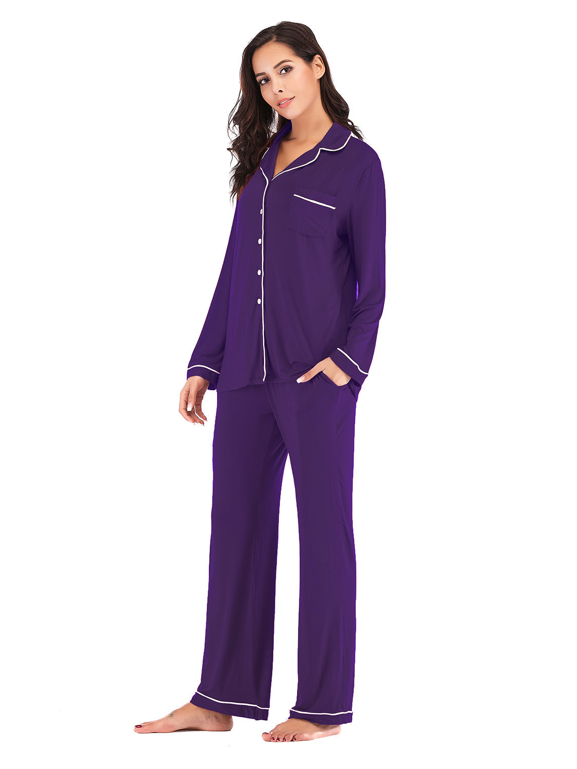 Piped trim pajama set in Violet with long sleeves, collared neckline, and pockets.