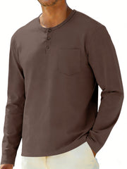 Brown long sleeve pocketed henley t-shirt with button detail