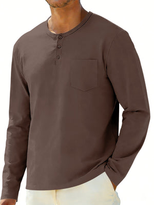 Brown long sleeve pocketed henley t-shirt with button detail