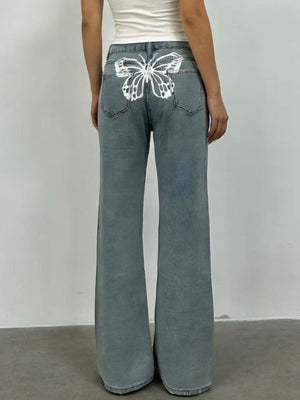 Light blue maternity jeans with butterfly back detail and wide leg