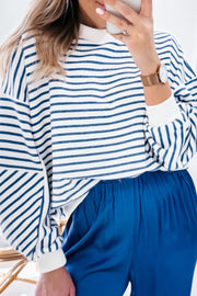 Chevron-inset stripe sweatshirt in white and Peacock Blue with crew neck and cuffed sleeves.
