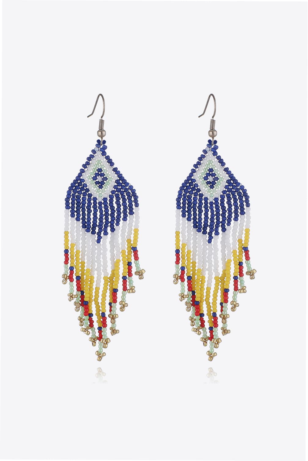 Beaded diamond fringe earrings with blue, white, yellow, red, and green beads.