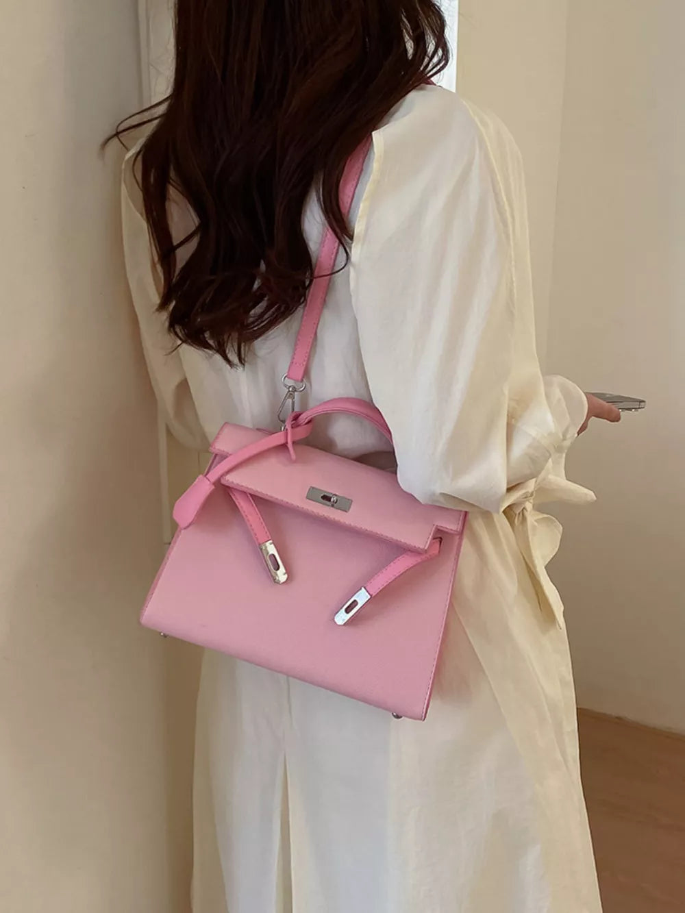 Contrast Trimmed Top-handle Crossbody Bag in Pink, back view