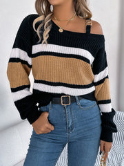 Asymmetric stripe knit sweater with shoulder detail in camel, black, and white.
