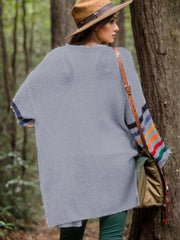 Heather gray knit duster cardigan with rainbow striped sleeves, acrylic.