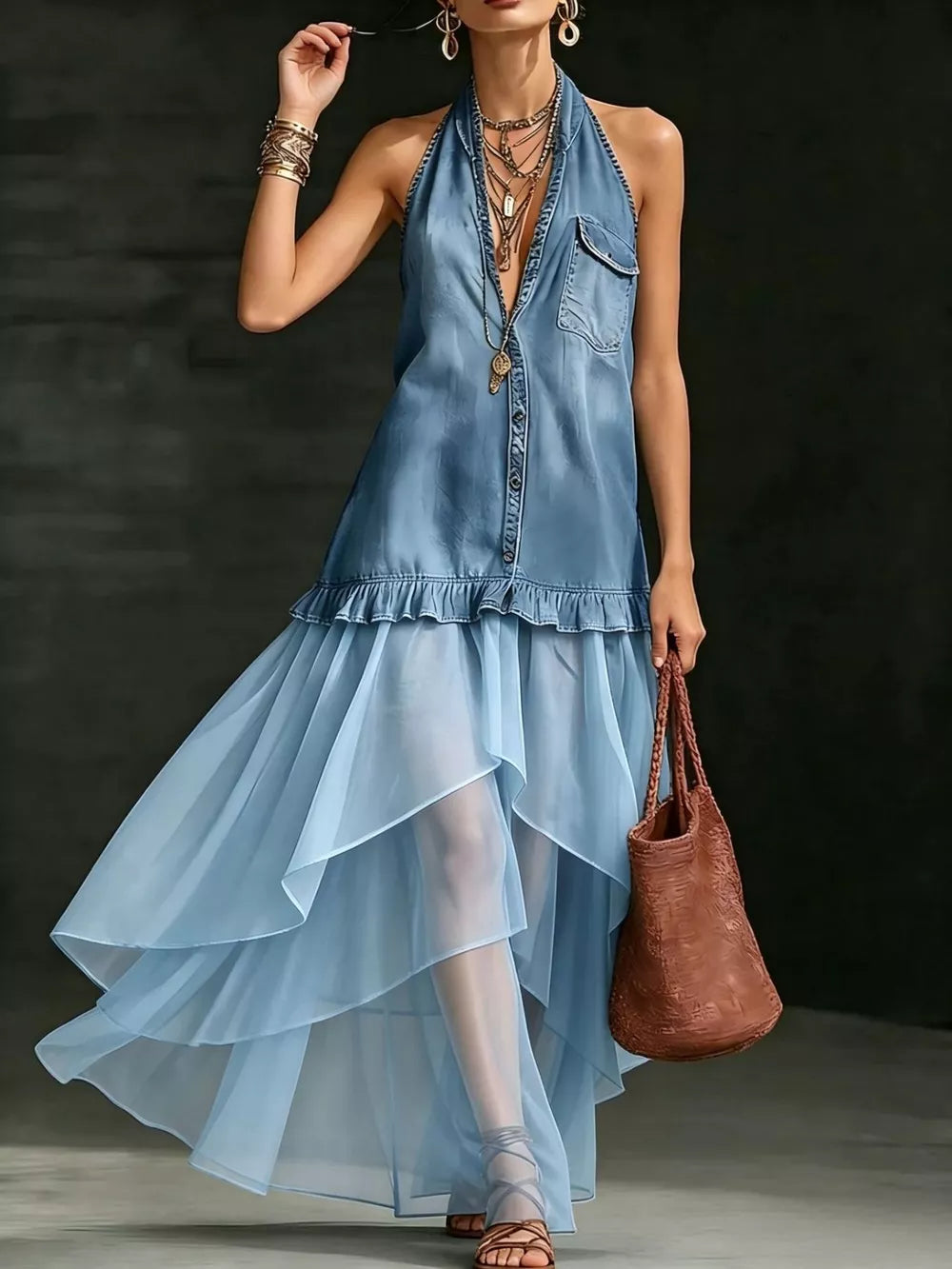 Light blue ruffled halter maxi gown with sheer tiered skirt and button front.