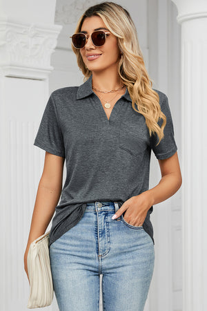 Dark Gray V-neck polo pocket tee with short sleeves and a relaxed fit.