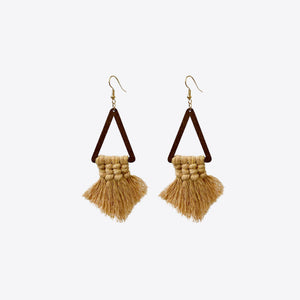 Macrame triangle tassel earrings in camel with woven detail and gold hooks.