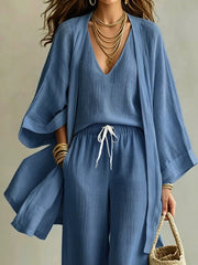 Relaxed V-neck Top And Cardigan Set