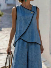 Contrast Trim Top And Slit Pants Set, fabric detail