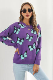 Purple knit crewneck pullover sweater with allover light blue butterfly motif