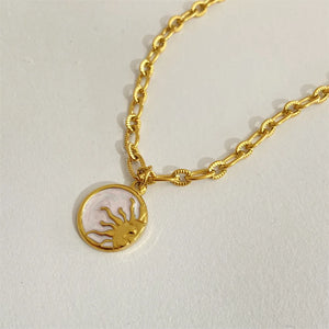 Gold Sunburst Medallion Chain Necklace with pink enamel detail