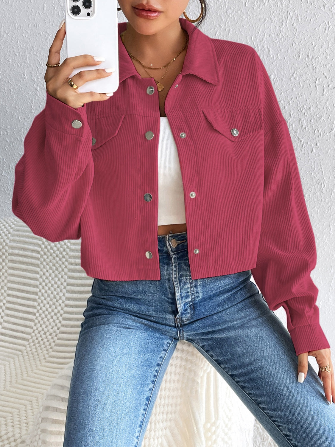 Cropped corduroy jacket in cerise with snap front and chest pockets
