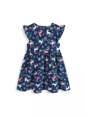 Navy cotton baby dress with unicorn print and ruffle sleeves
