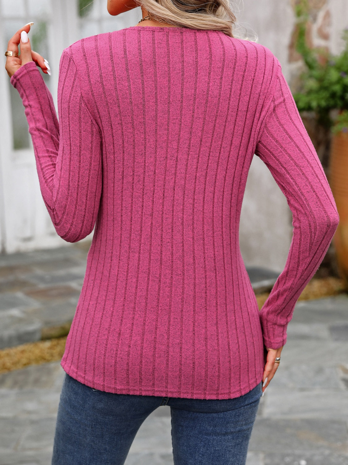 Deep Rose ribbed knit long sleeve top with round neck and button detail