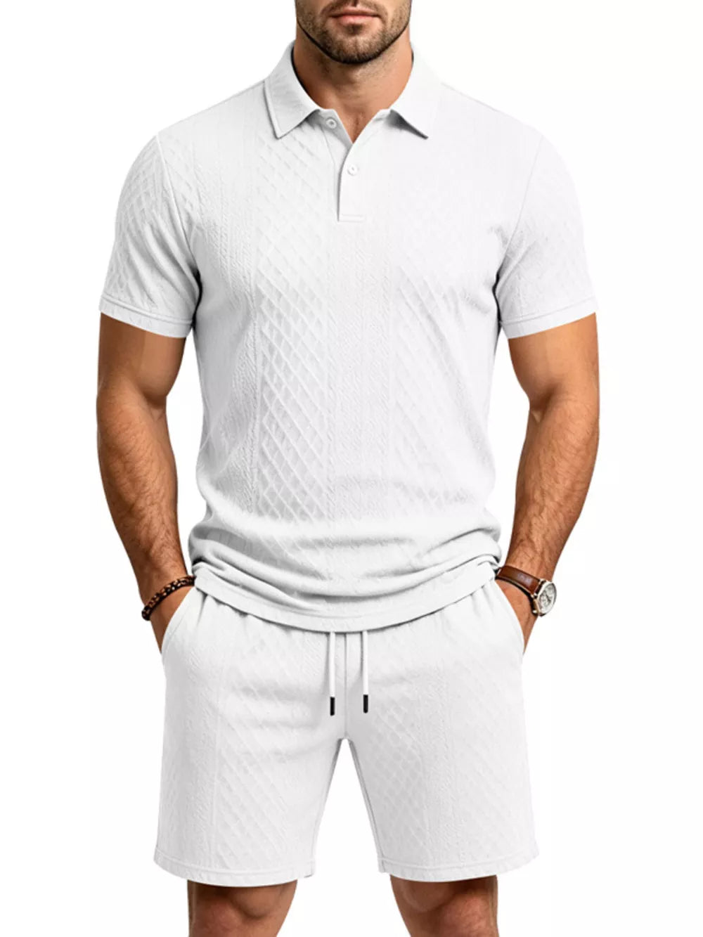 Men's Textured Short Sleeve Polo & Shorts Set in Dark Gray, editorial view