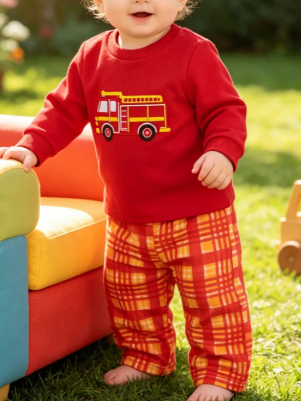 Children's Fire Truck Embroidered Top And Pants Set in Red, front view