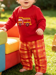Children's Fire Truck Embroidered Top And Pants Set in Red, front view