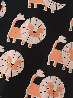 Black cotton blend t-shirt with playful orange lion print and crew neck.