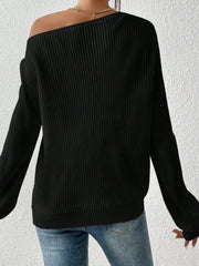 Black off-shoulder ribbed knit top with balloon sleeves and a casual fit.