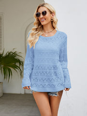 Sky Blue openwork knit crewneck pullover sweater with diamond pattern detail.