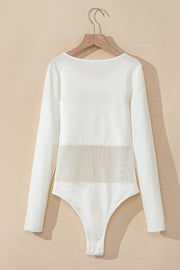 White long sleeve bodysuit with sheer mesh panel detail.