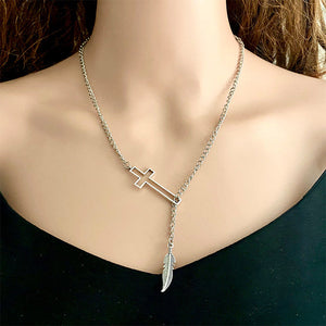 Silver asymmetrical cross lariat necklace with feather pendant made of alloy.