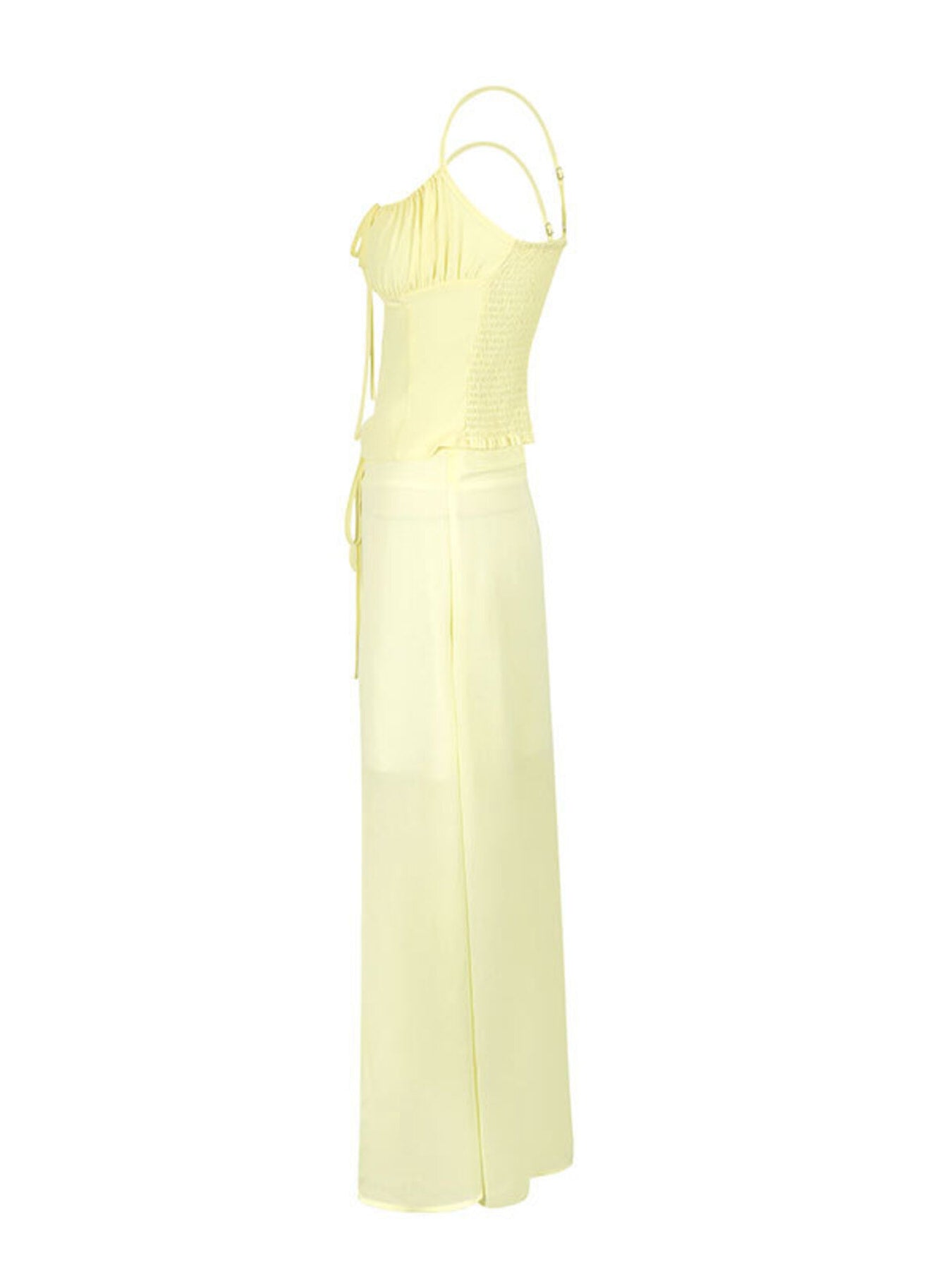 Apricot cami set with smocked bodice and tied front, paired with a flowy maxi skirt.