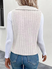 Textured teddy collarless vest in white with vertical ribbing detail.