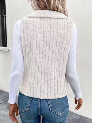 Textured teddy collarless vest in white with vertical ribbing detail.
