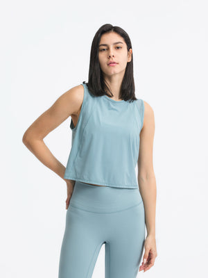 Light blue cropped active tank with mesh inset back detail