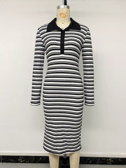 Striped Polo Collar Midi Dress in Black, fabric detail